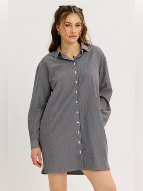 Oversized Stripe Shirt Dress with Back Drawstrings - 618